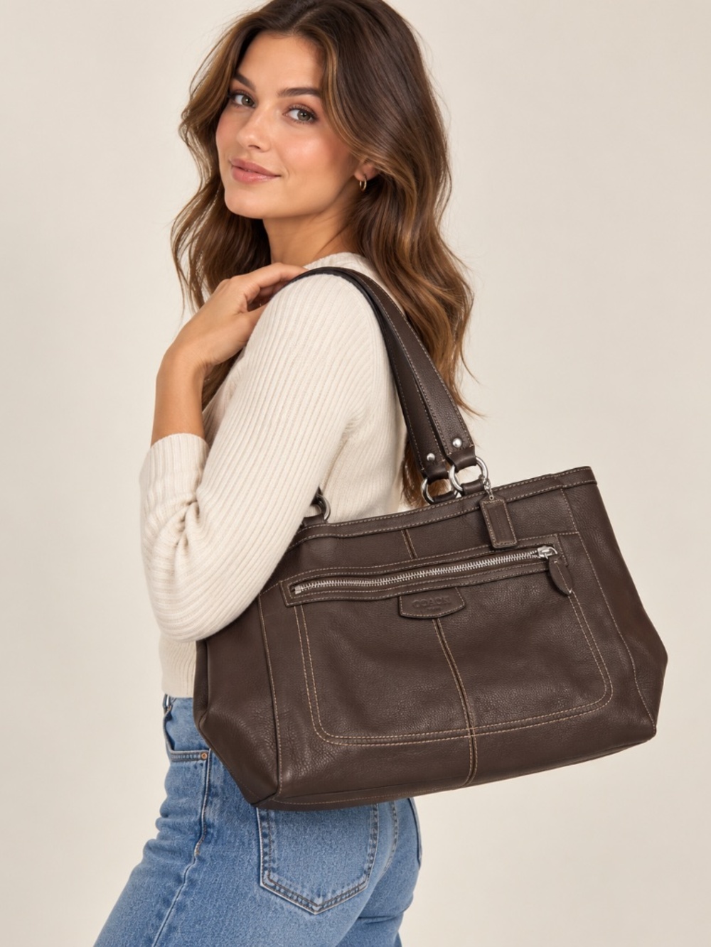Coach Penelope Dark Brown Pebbled Leather Shopper Tote Bag F14684- Like New